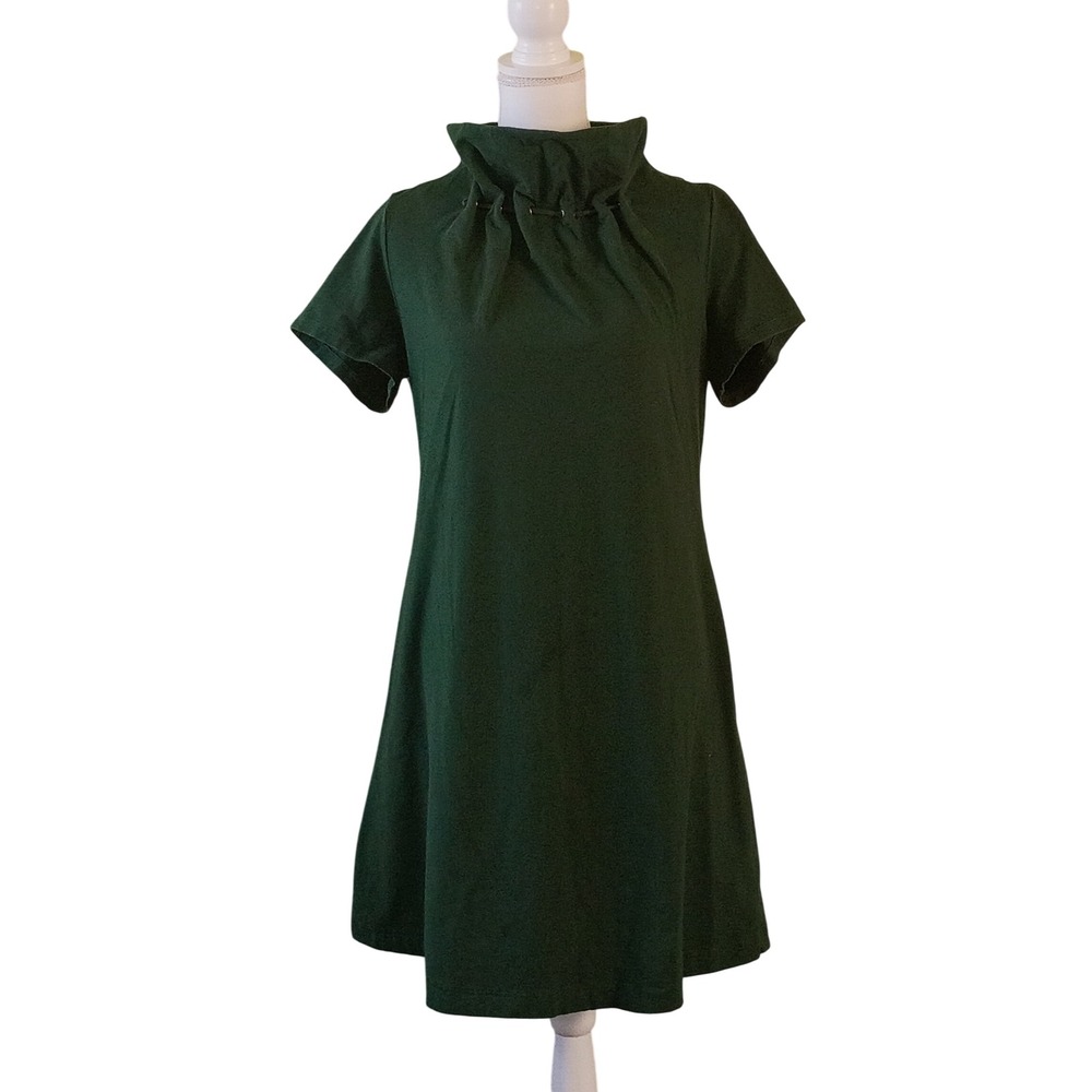 Nostalgiacore Forest Green Knit A-Line Dress Short Sleeve Pleated Funnel Neck XL
